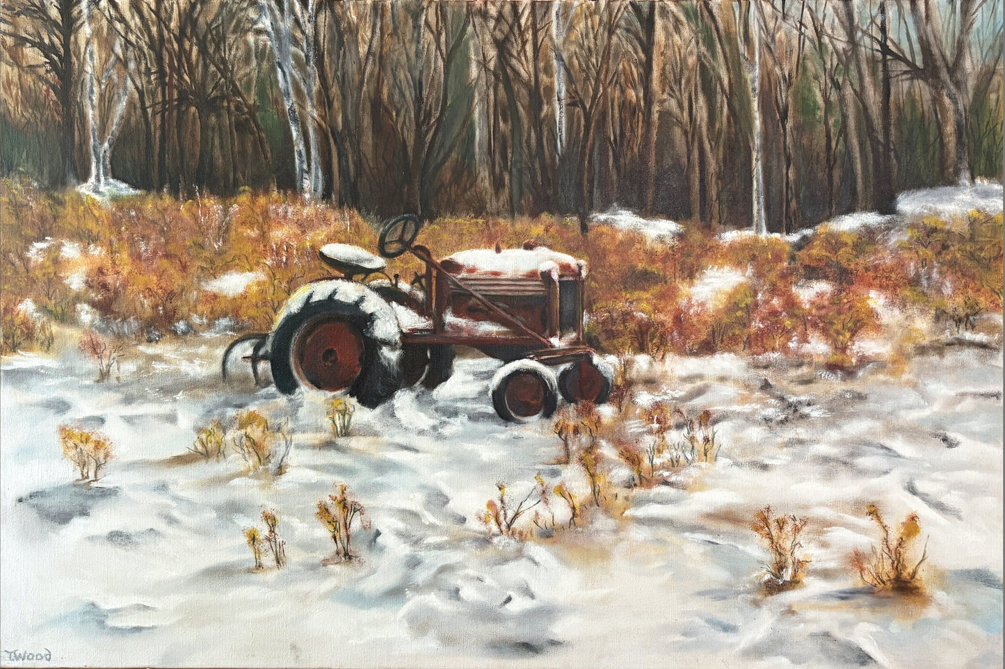 Farm Landscape with Autumn Season Tractor Oil Painting