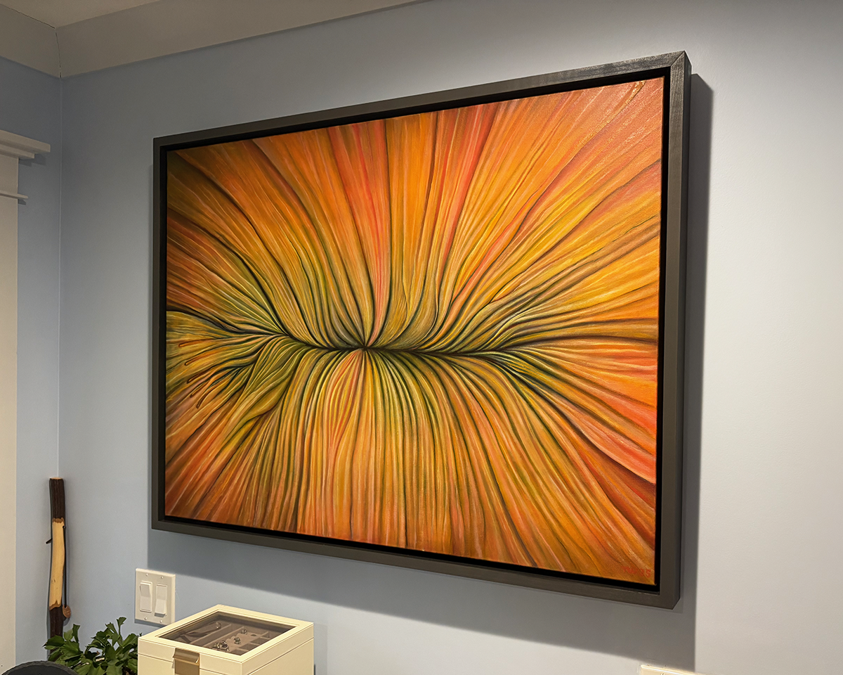 "Blossom" original oil painting framed organic floral surreal, optical art, contemporary