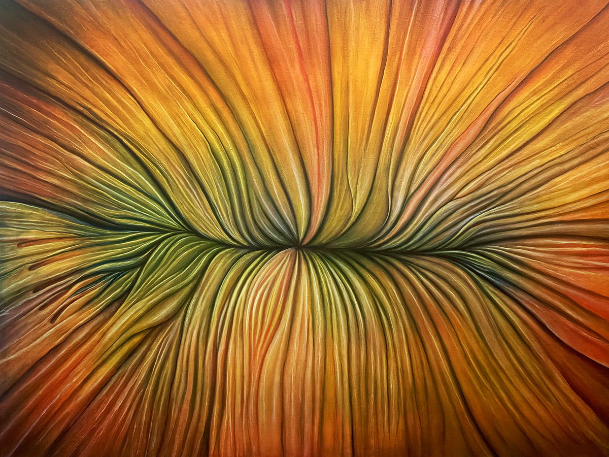 "Blossom" original oil painting framed organic floral surreal, optical art, contemporary