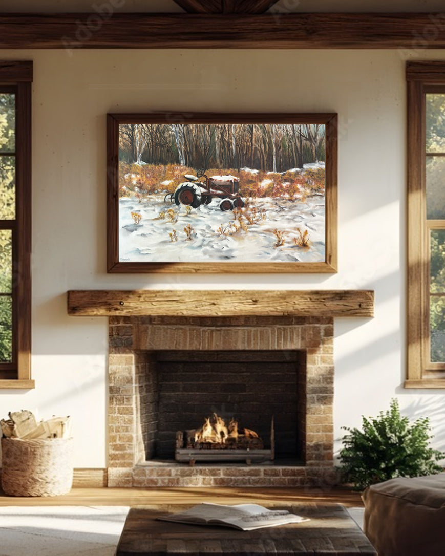 Farm Landscape with Autumn Season Tractor Oil Painting