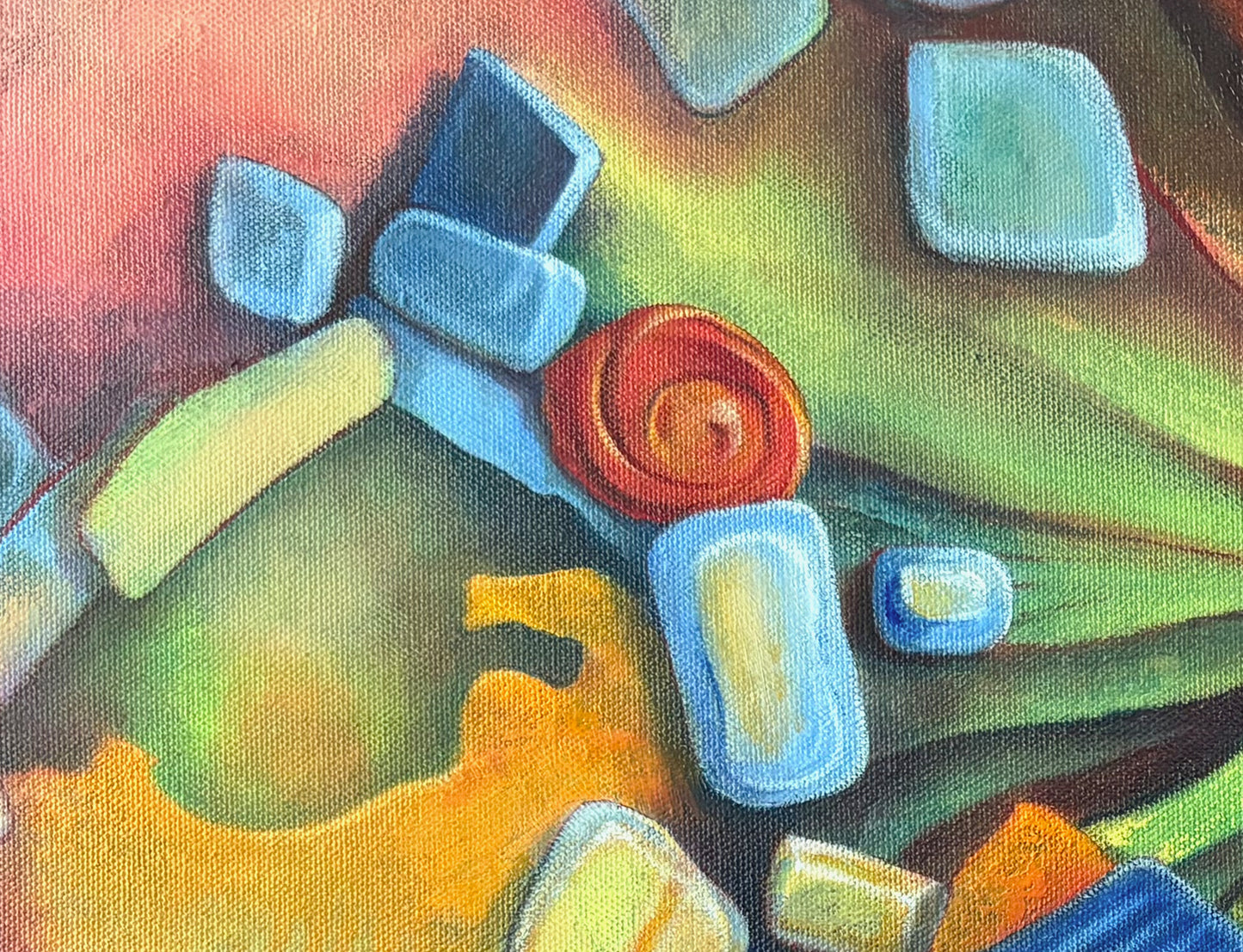 "Candy Brain" is an original oil painting. Surreal, abstract, explosion of shapes and color