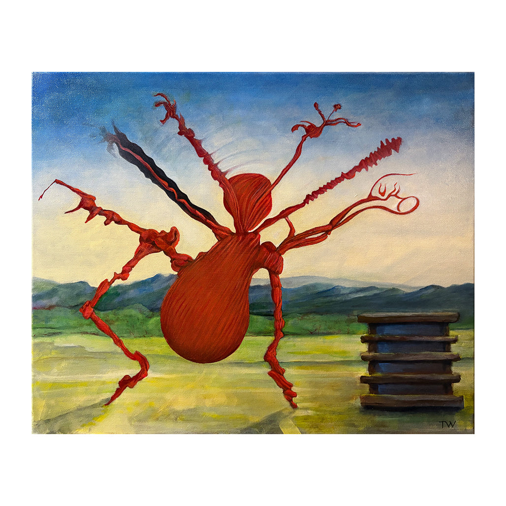 "Overripe Red Pear"  - original surrealist oil painting - unique conversation piece landscape